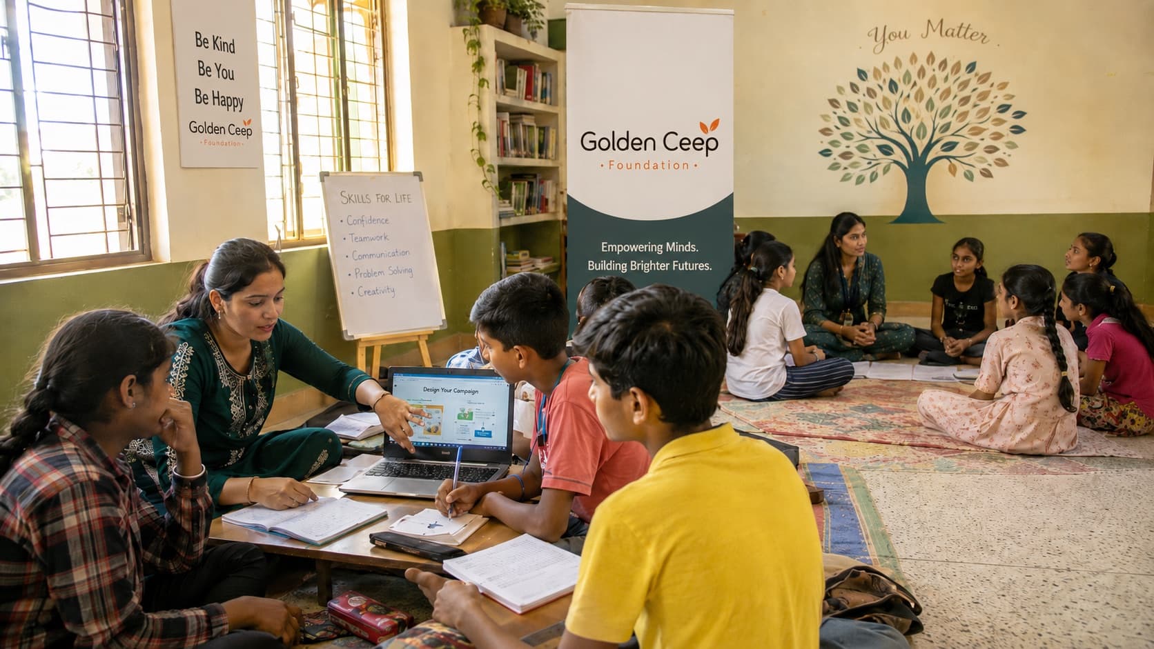 Students learning with a mentor at a Golden Ceep Foundation session in India